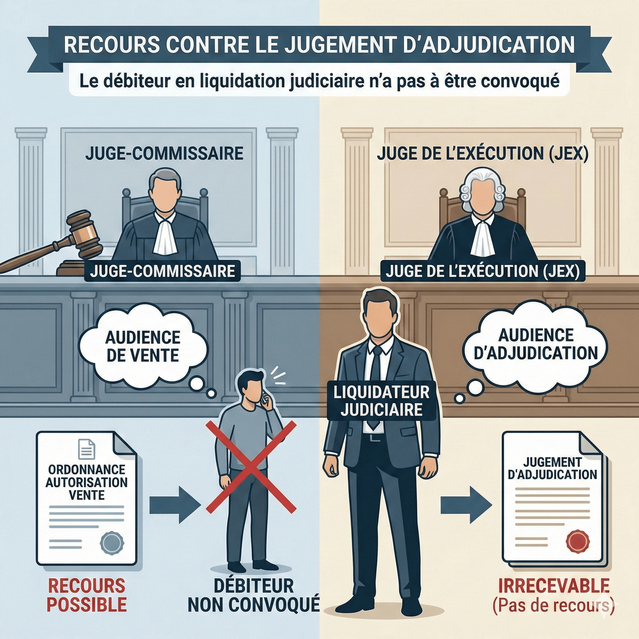 Recours contre le jugement d’adjudication : le débiteur en liquidation judiciaire n’a pas à être convoqué à l’audience